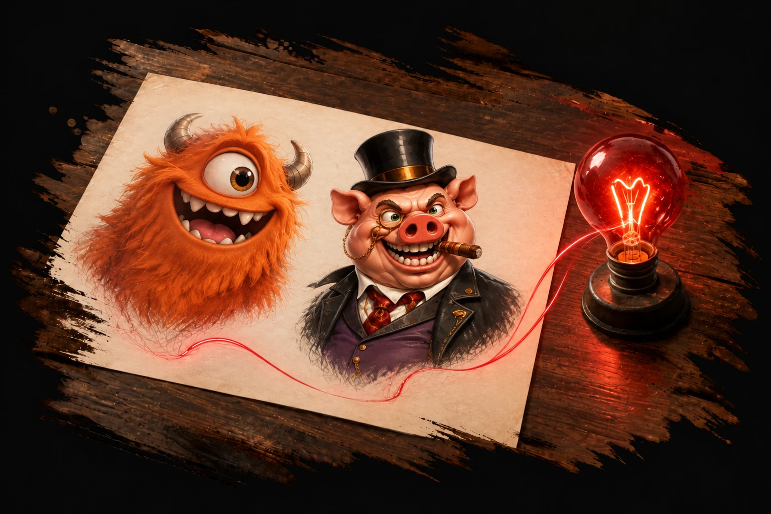 A red lightbulb sends fine energy trails across painted Pork Factory and Monster Mall character studies on a studio desk.